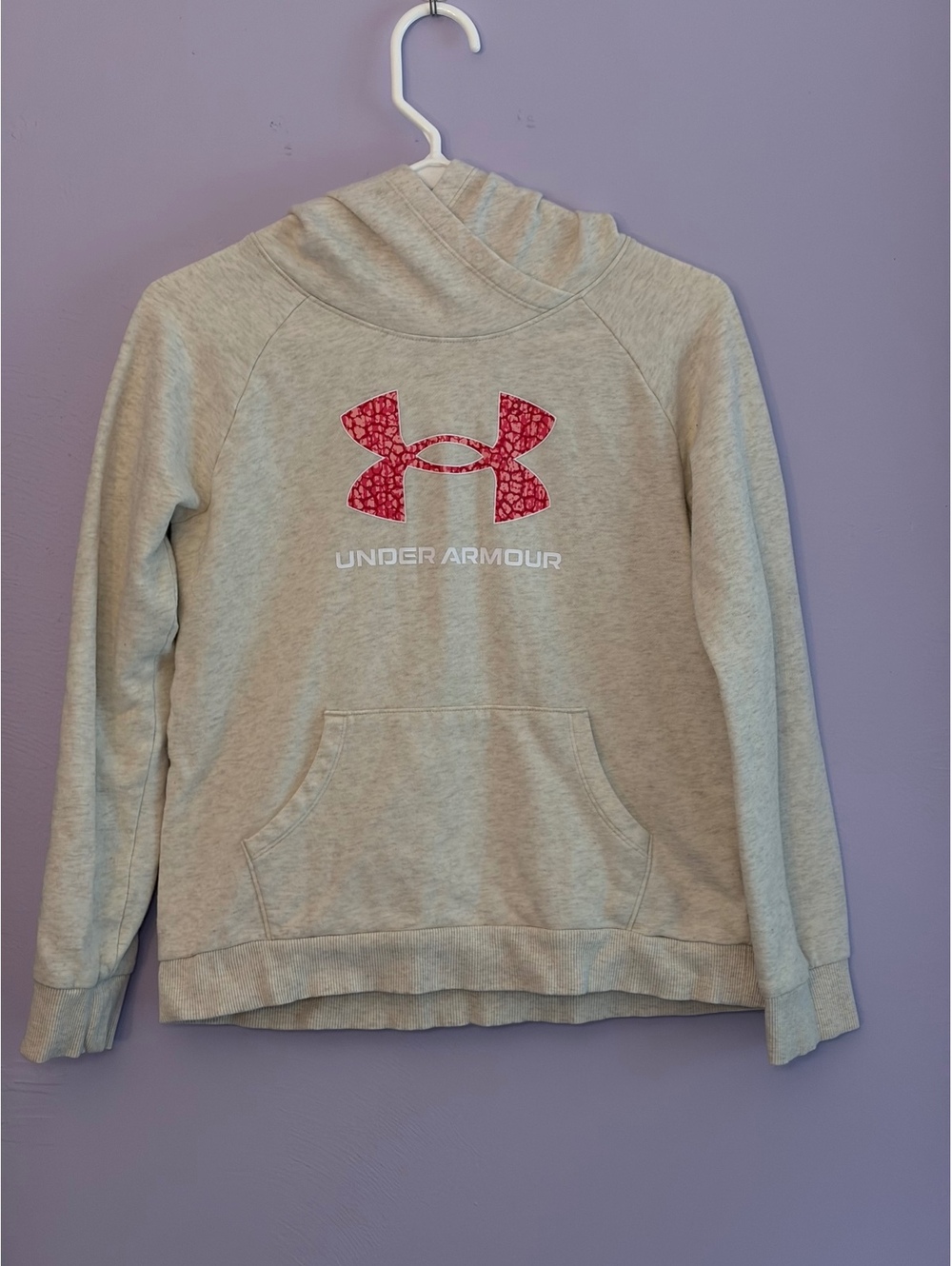 Under Armour Loose Fit Youth Large Hoodie in Beige with Pink Logo